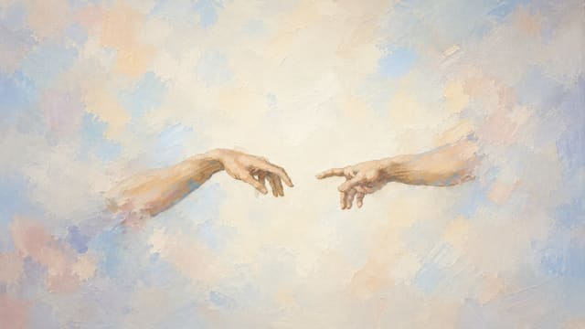 Impressionist painting of two hands reaching toward each other